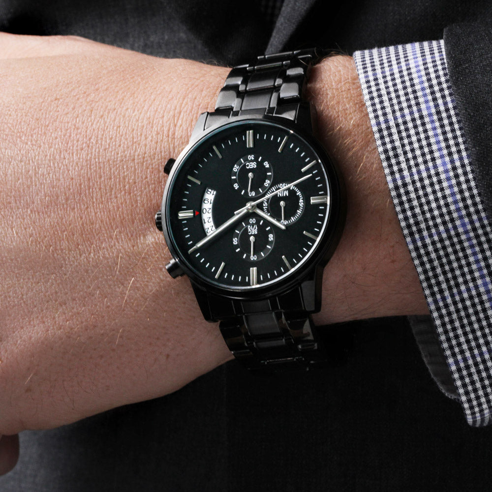 Personalize message on back Black Chronograph Watch with Buyer Upload