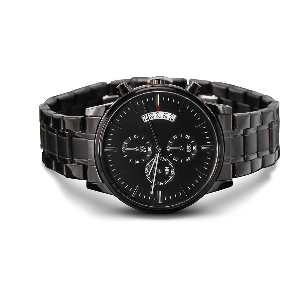 Personalize message on back Black Chronograph Watch with Buyer Upload