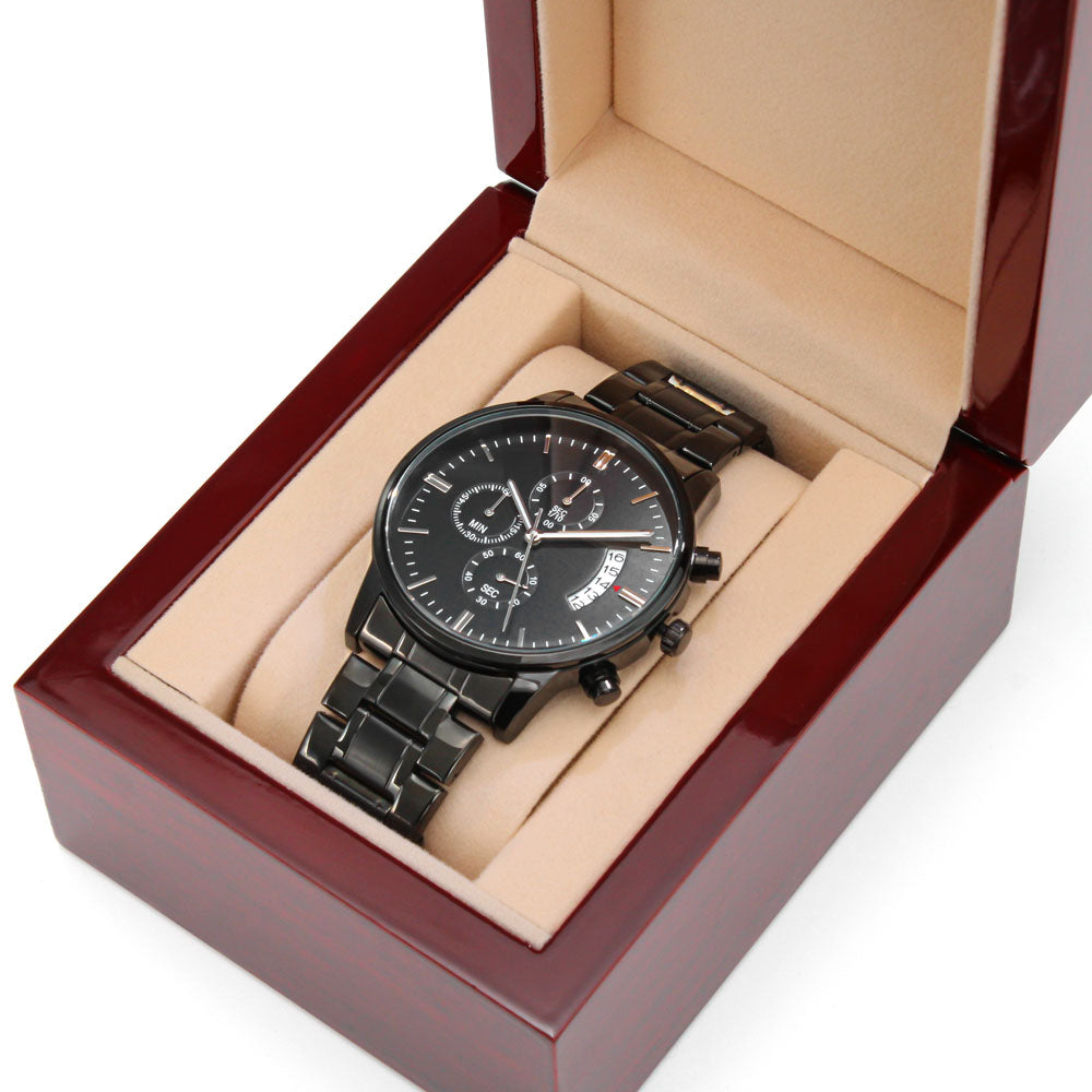 Personalize message on back Black Chronograph Watch with Buyer Upload