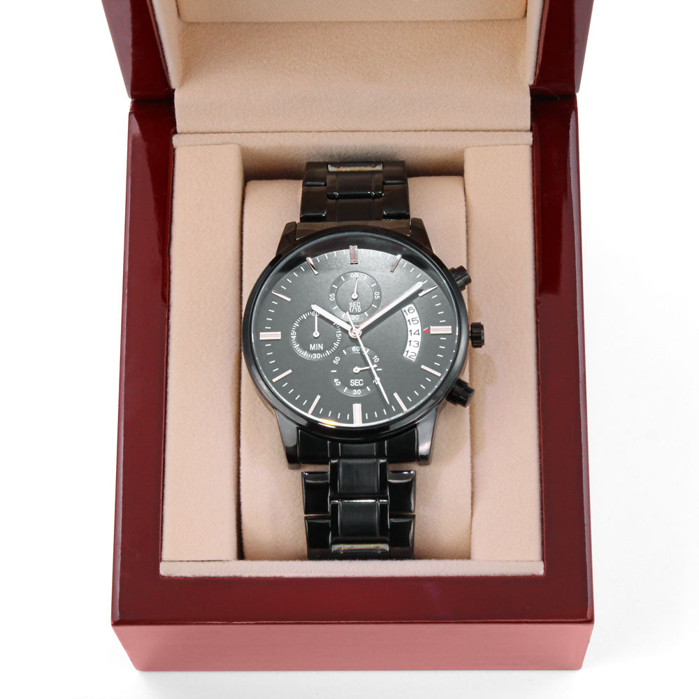 Personalize message on back Black Chronograph Watch with Buyer Upload