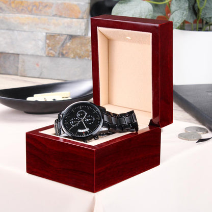 Personalize message on back Black Chronograph Watch with Buyer Upload