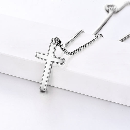 polished stainless steel cross, necklace and custom message card.