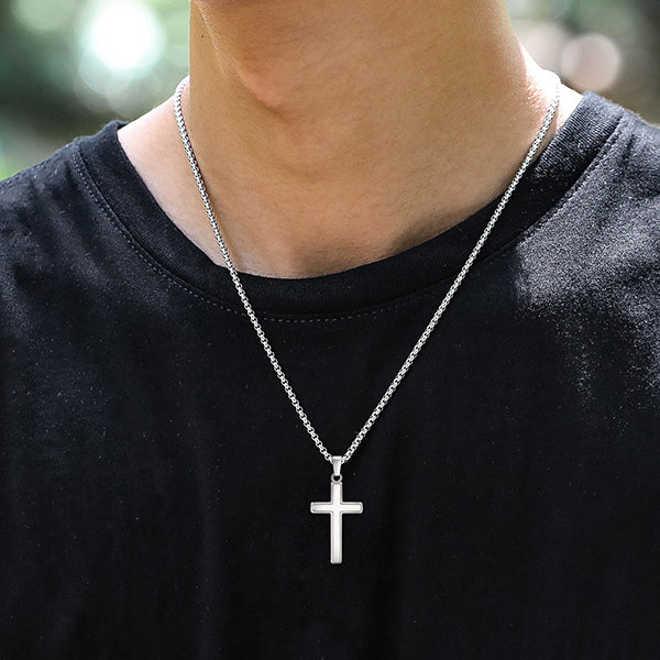 polished stainless steel cross, necklace and custom message card.